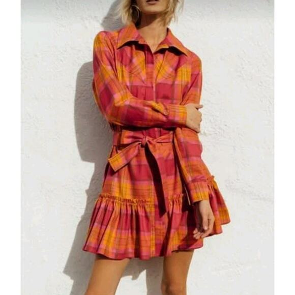 March 11 Western Mini Dress In Plaid Orange Pink Sz S Ruffle (V5 - Picture 1 of 6